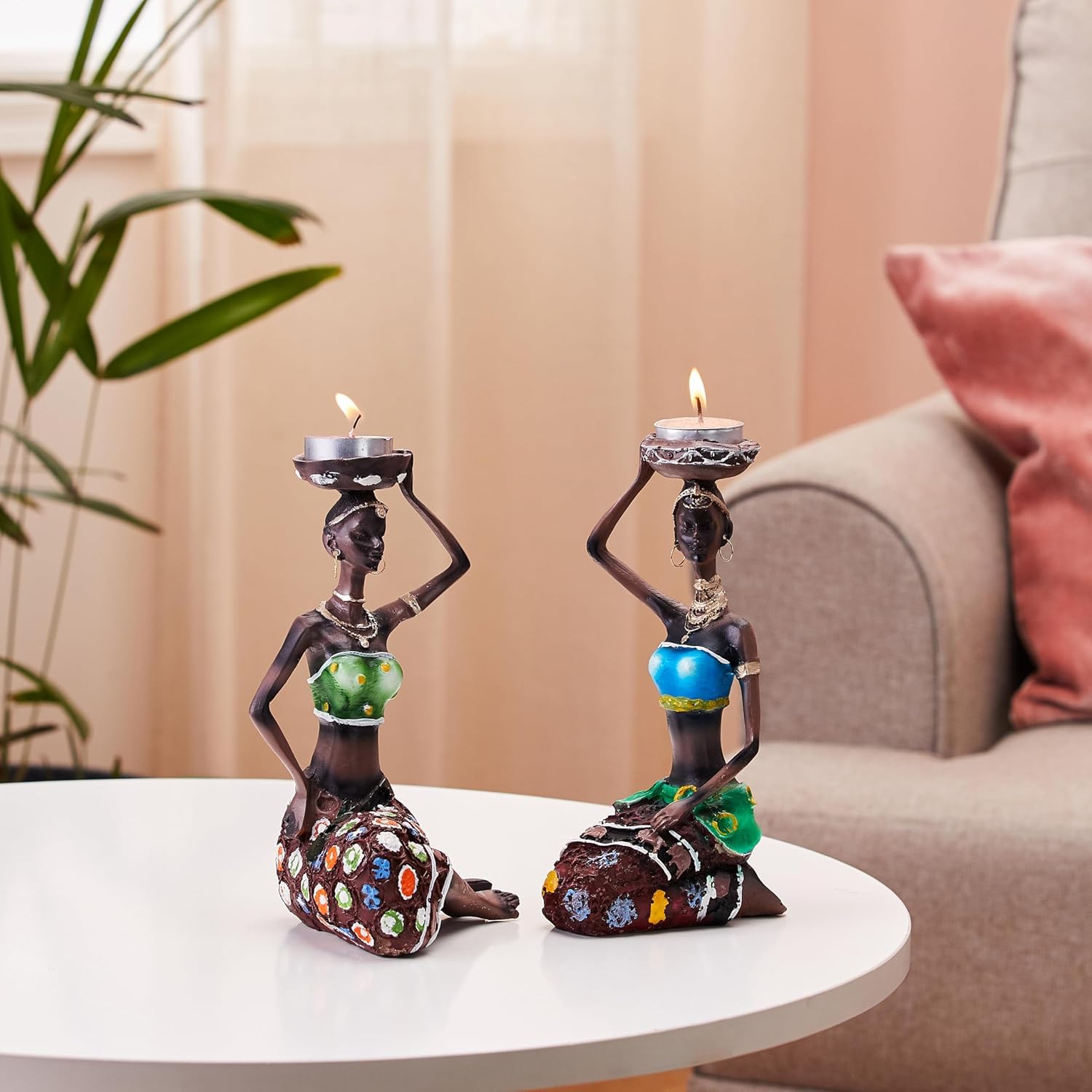 Amazon Basics Handcrafted Home Decor Art Piece | Sitting African Tribal Women with Candle Holder | Set of 2 (Multicolor)