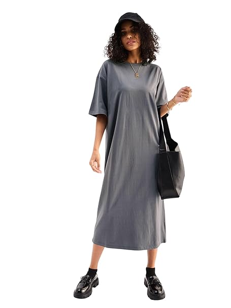 Sassafras Basics Women's Stylish Women’s Midi Dress – Solid Color, Puff Sleeve, Casual Chic