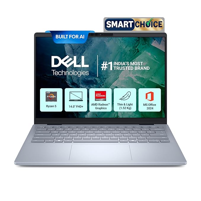 Dell 14 Smart Choice, AMD Ryzen5 AI 340 Processor, 16GB LPDDR5X, 512GB SSD, FHD+, 14"/35.56cm, Win 11, MSO'24, Ice Blue, 1.52 Kg, [Dell 14], 300 Nits IPS, Backlit + FPS Keyboard, AI Powered Laptop