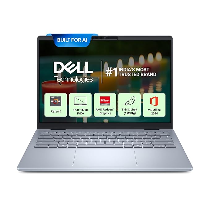 Dell 16, AMD Ryzen AI 5 340 6-core/12-thread Processor, 16GB LPDDR5X, 512GB SSD, FHD+, 16"/40.64cm, Win11, MSO'24, Ice Blue, 1.83 Kg, [Dell 16], 300 Nits IPS, Backlit+FPS Keyboard, AI Powered Laptop
