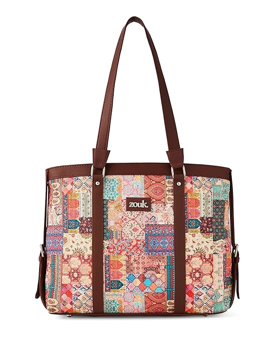 ZOUK Multicolor Abstract Printed Handmade Vegan Leather Women's Office Bag for 15.6 inch Laptop with double handles