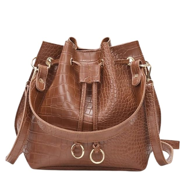 GRECIILOOKS Brown Bucket Bag for Women Lightweight & Versatile Croc Embossed Design – Drawstring Crossbody Bucket Bag for Women Detachable Strap Stylish Handbags for Woman
