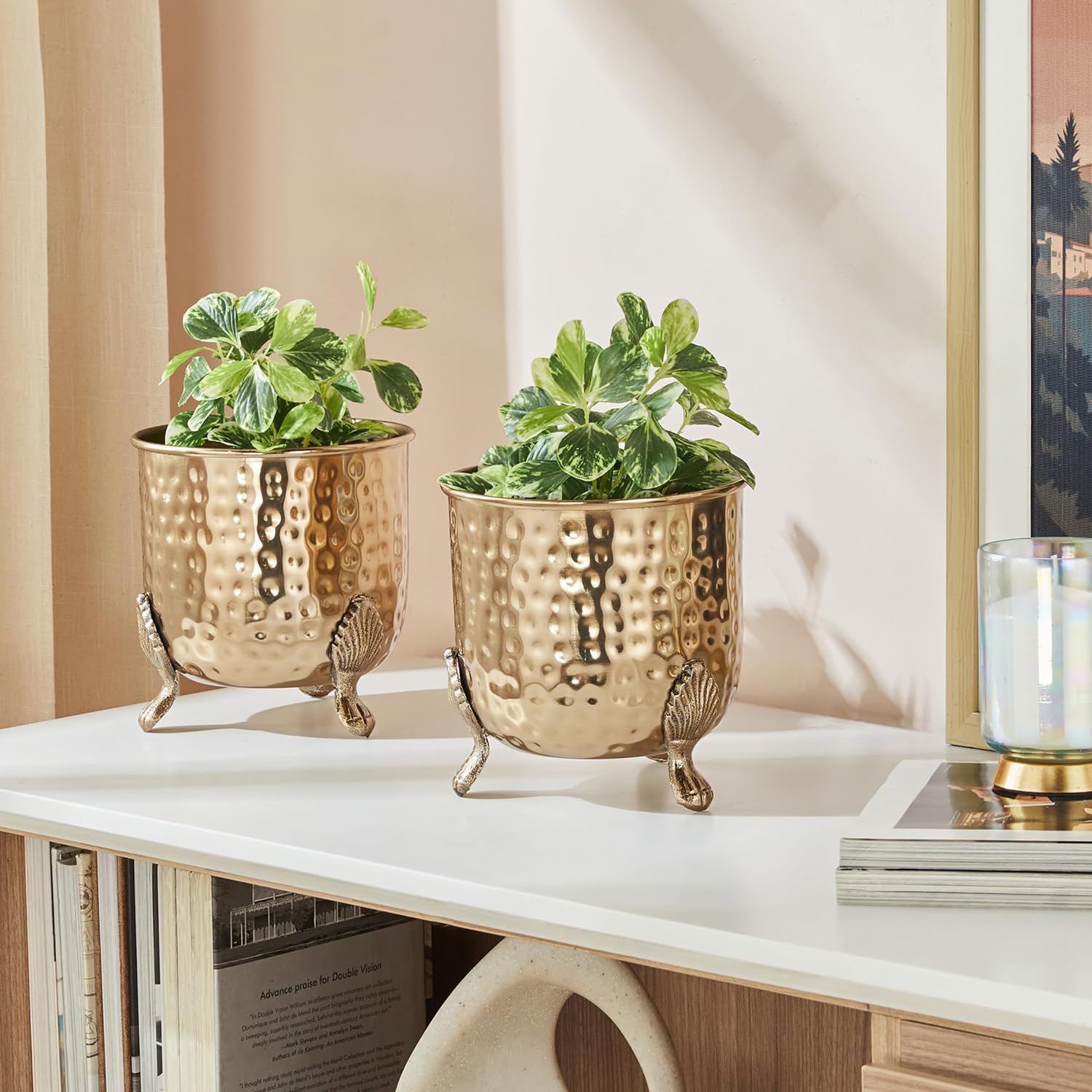 Amazon Basics Planter with Plant Stand | Flower Pot for Home Décor, Indoor and Outdoor Gardening | Set of 2 (Gold Finish)