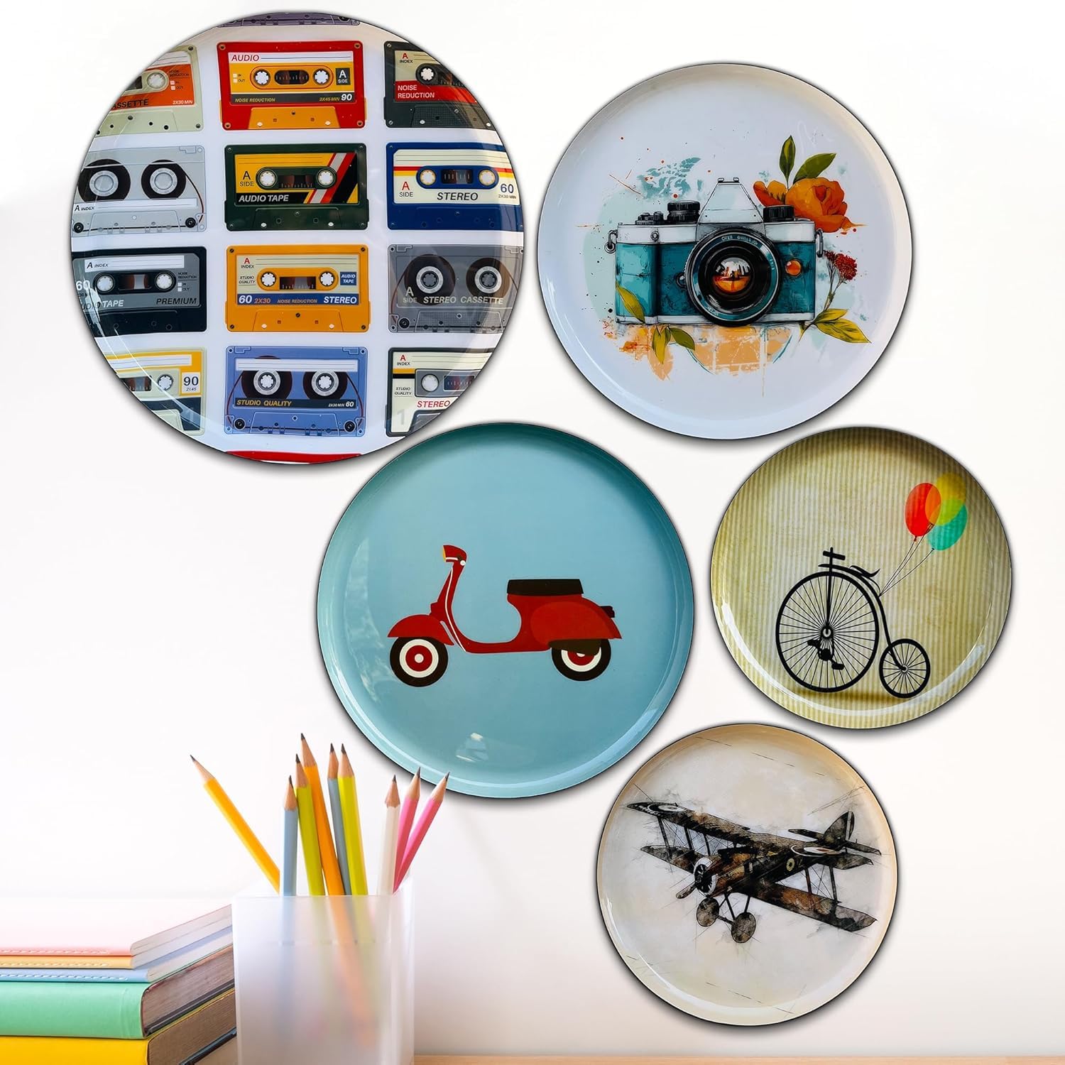 amazon basics Metal Vintage Art Decorative Wall Plates | Vivid Multicolour Floral Design | Home & Living Room Wall Decoration | Décor & Gift Items | Set of 5