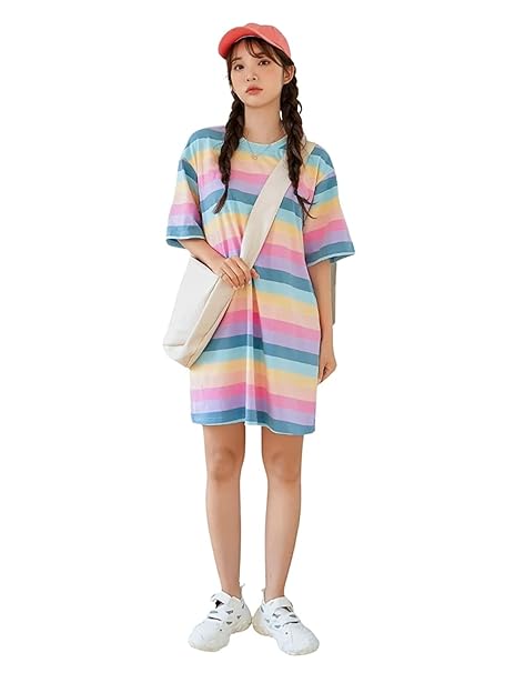 GRECIILOOKS Women's Rainbow Striped T-Shirt Dress – Casual Loose Fit, Round Neck, Short Sleeve Summer Dress
