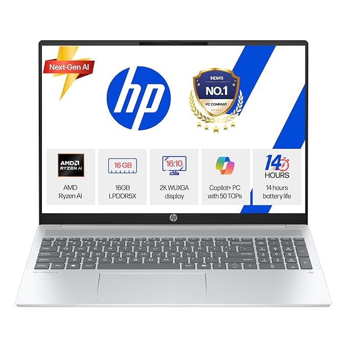 HP Smartchoice OmniBook 5 (Previously Pavilion) 50 Tops, AMD Ryzen AI 5 340 (16GB LPDDR5X, 512GB SSD) WUXGA 2K, 16''/40.6cm, Win11, Office24, Silver, 1.79kg, ag1037au, Type-C Charging, AI Laptop
