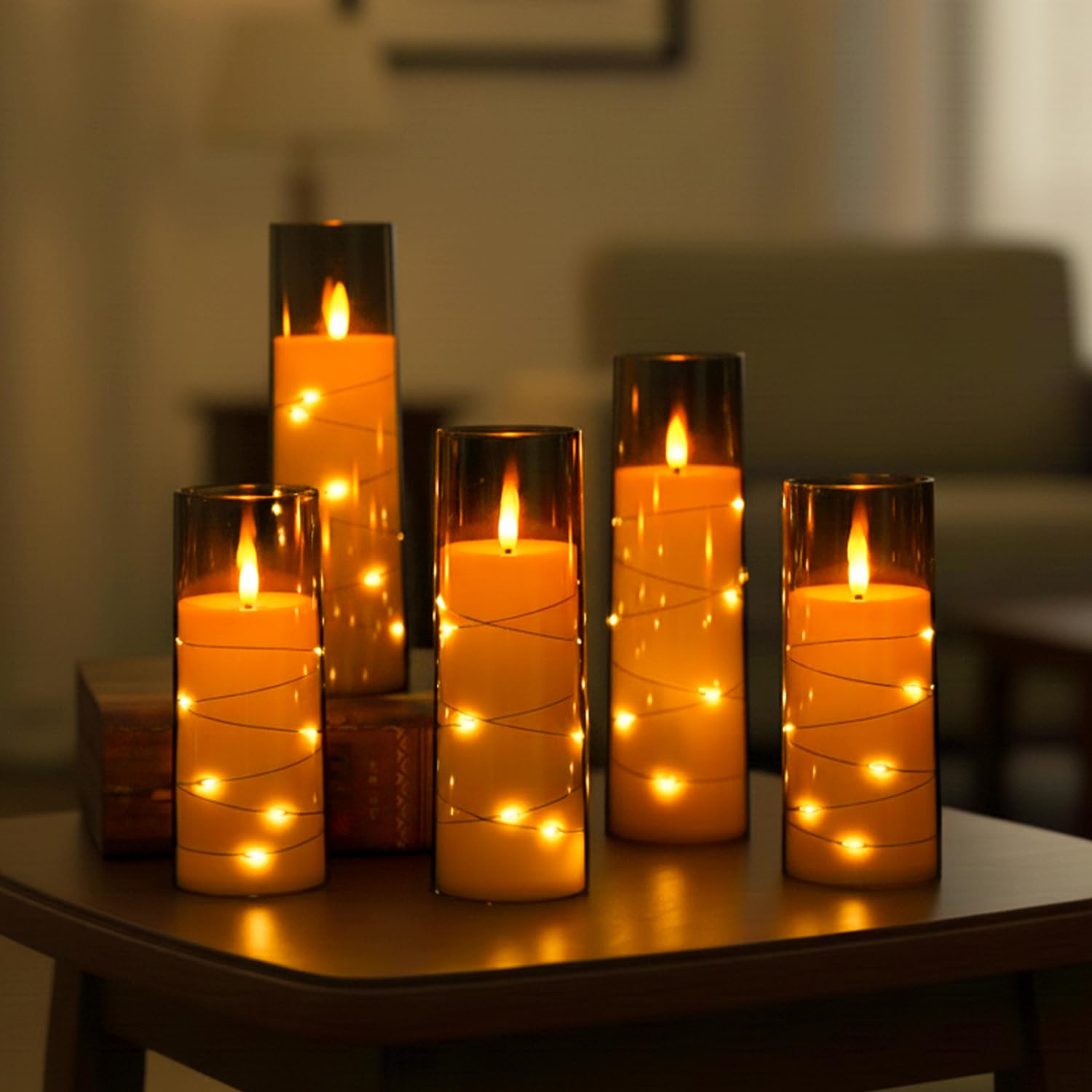 Amazon Basics LED Flameless Candles with String Light Effect Set of 5 (2 Pcs of 5.5x14 cm , 5.5x16, 5.5x18cm, 5.5x20 CM), Grey Acrylic material, Ivory Pillars, Steady Warm Light, Remote & Timer, Battery Operated Indoor Decor