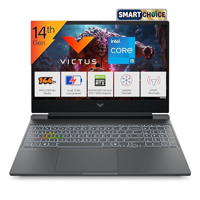 HP Smartchoice Victus, 14th Gen Intel Core i5-14450HX, 6GB RTX 3050 (24GB DDR5, 512GB SSD) FHD, 144Hz, 15.6''/39.6cm, Win11, M365* Office24, Mica Silver, 2.3kg, fa2303tx/fa2315tx, RGB Gaming Laptop