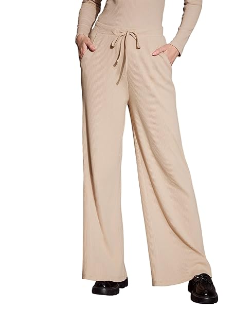 SASSAFRAS Basics Women's Beige Rib Drawstring Pants-S