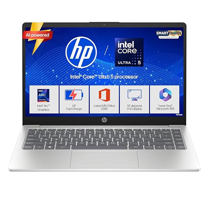 HP 14 Smartchoice, Intel Core Ultra 5 125H 12 TOPS, 24GB DDR5 (Upgradeable) 1TB SSD, Anti-Glare, FHD, 14''/35.6cm,Win11, M365*Office24, Silver, 1.4kg, ep1180tu, FHD Camera w/Shutter, Backlit AI Laptop