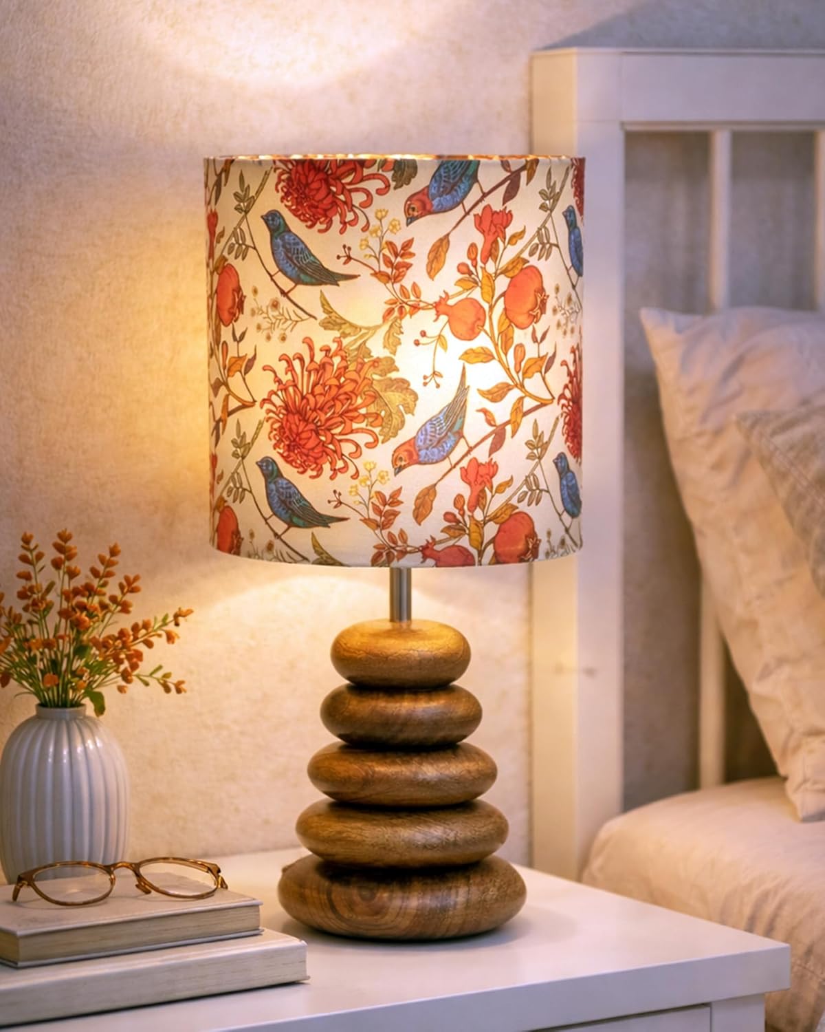Homesake® Wood Table Lamp, Lamp for Living Room Decoration, Table Lamp for Bedroom, Bedside Lamp, Lamps, Kids Room, Study, Office, Light, Home Decoration Items, Walnut Multi-Pebble, Birds Drum Shade