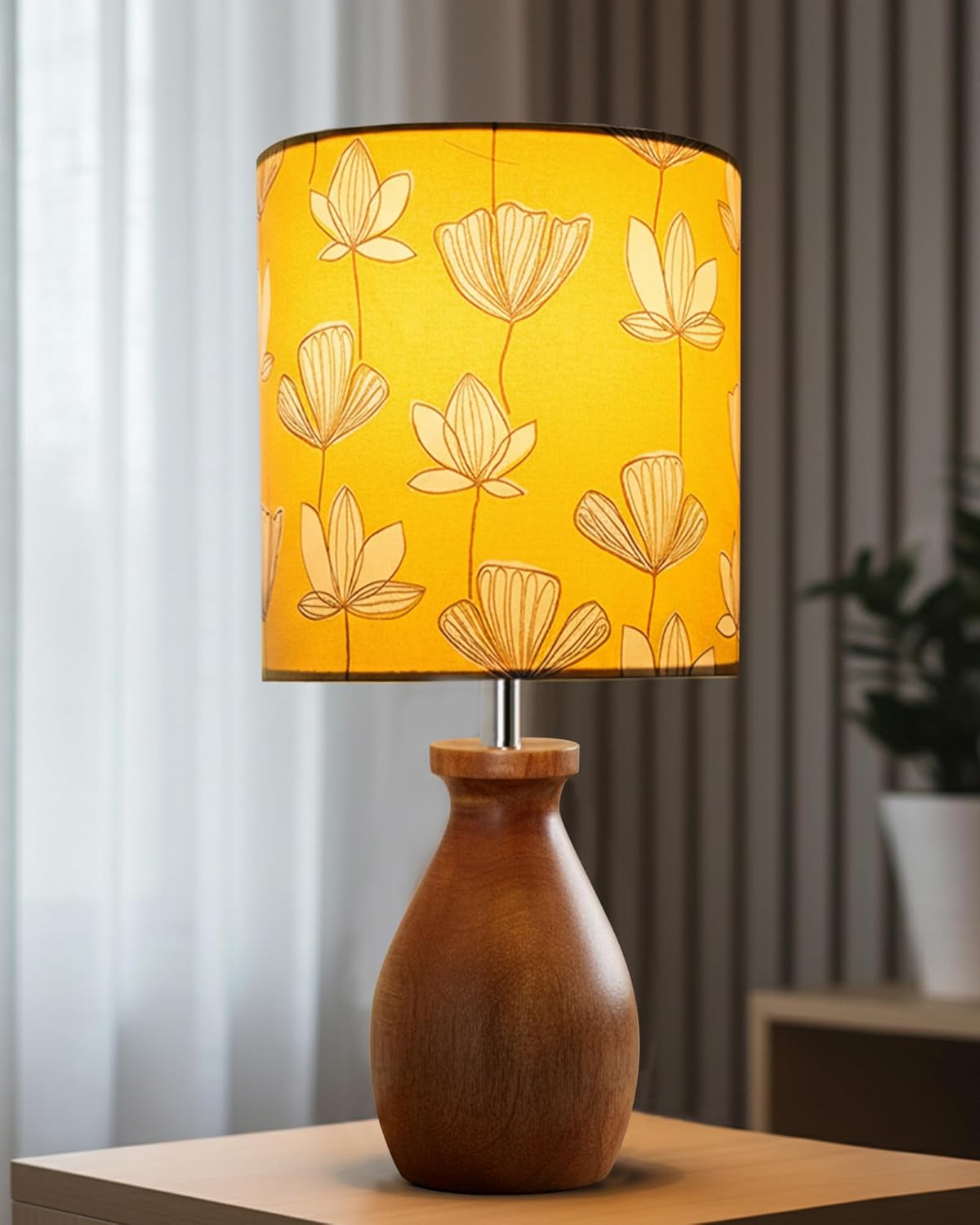 Homesake® Rustic Wooden Dovel Pot Table Lamp with Printed Fabric Shade| Handcrafted Bedside Nightstand Light for Living Room, Bedroom, Office Cafe Home Décor,
