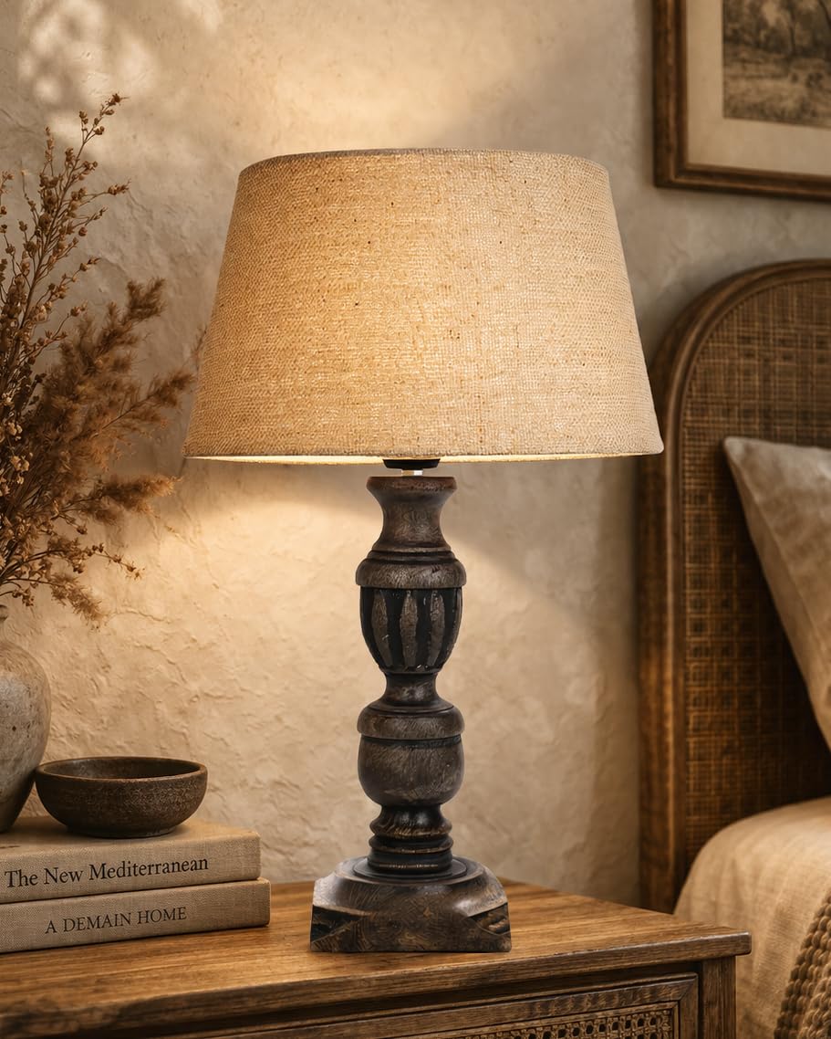 Homesake Rustic Distress Black French Trophy Carved Table Lamp, lamp for Living Room Decoration, Lamps for Bedroom, Farmhouse Bedside Nightstand Home Office Reading & Decoration, Jute Drum Shade