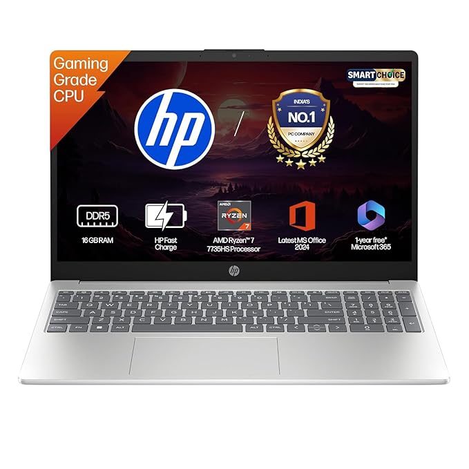 HP 15 Smartchoice, AMD Ryzen 7 7735HS (16GB DDR5,512GB SSD) FHD, Anti-Glare, Micro-Edge, 15.6''/39.6cm, Win11, M365 Basic(1yr)* Office24, Silver, 1.59kg, fc1038AU, FHD Camera w/Shutter, Backlit Laptop