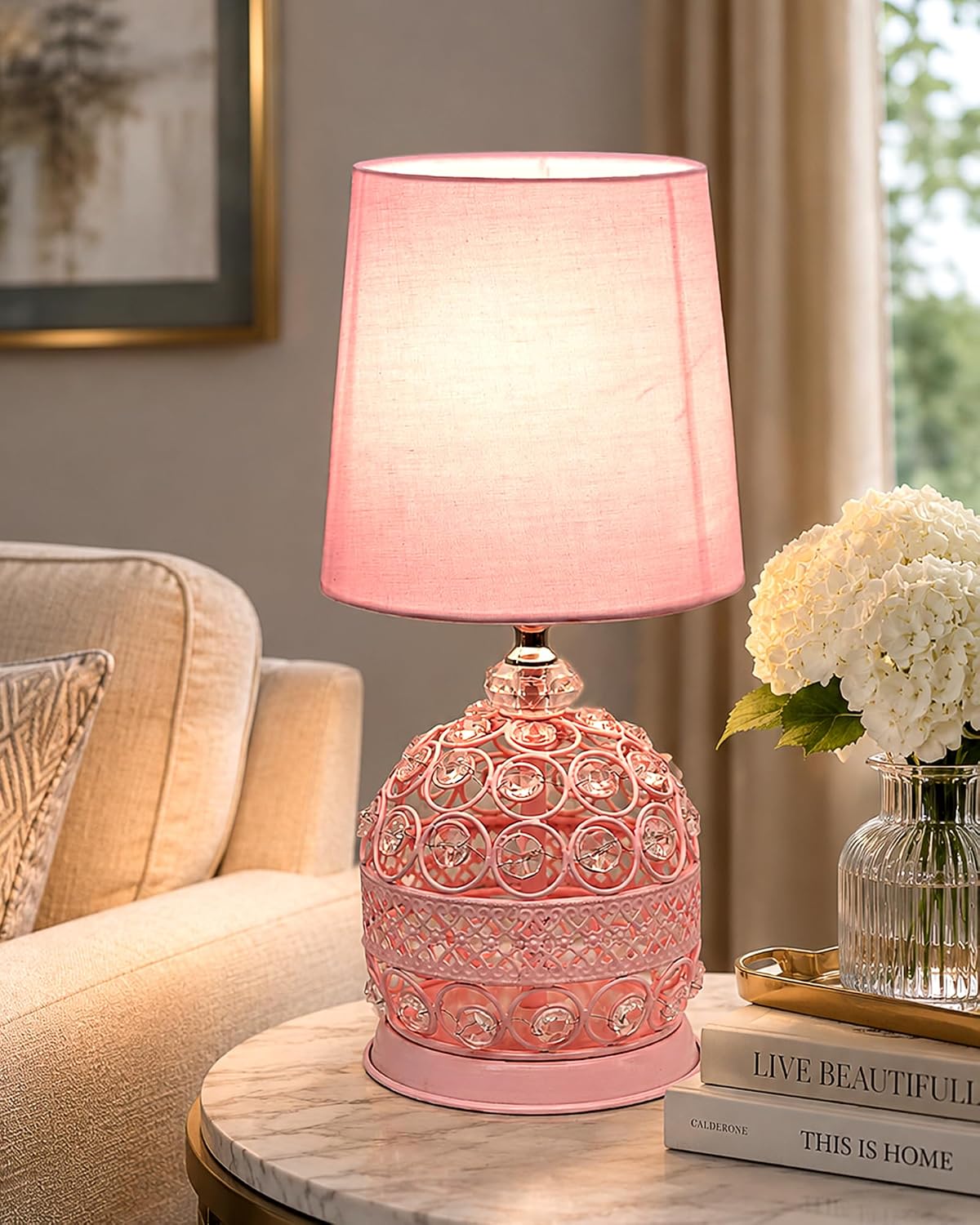 Homesake® Modern Small Crystal Table Lamp, Contemporary Bedroom Bedside Nightstand Lamp, Morden Minimalist, Desk Globe Lamp for Living Room Girls Kids Room, Fabric Shade (Pink)