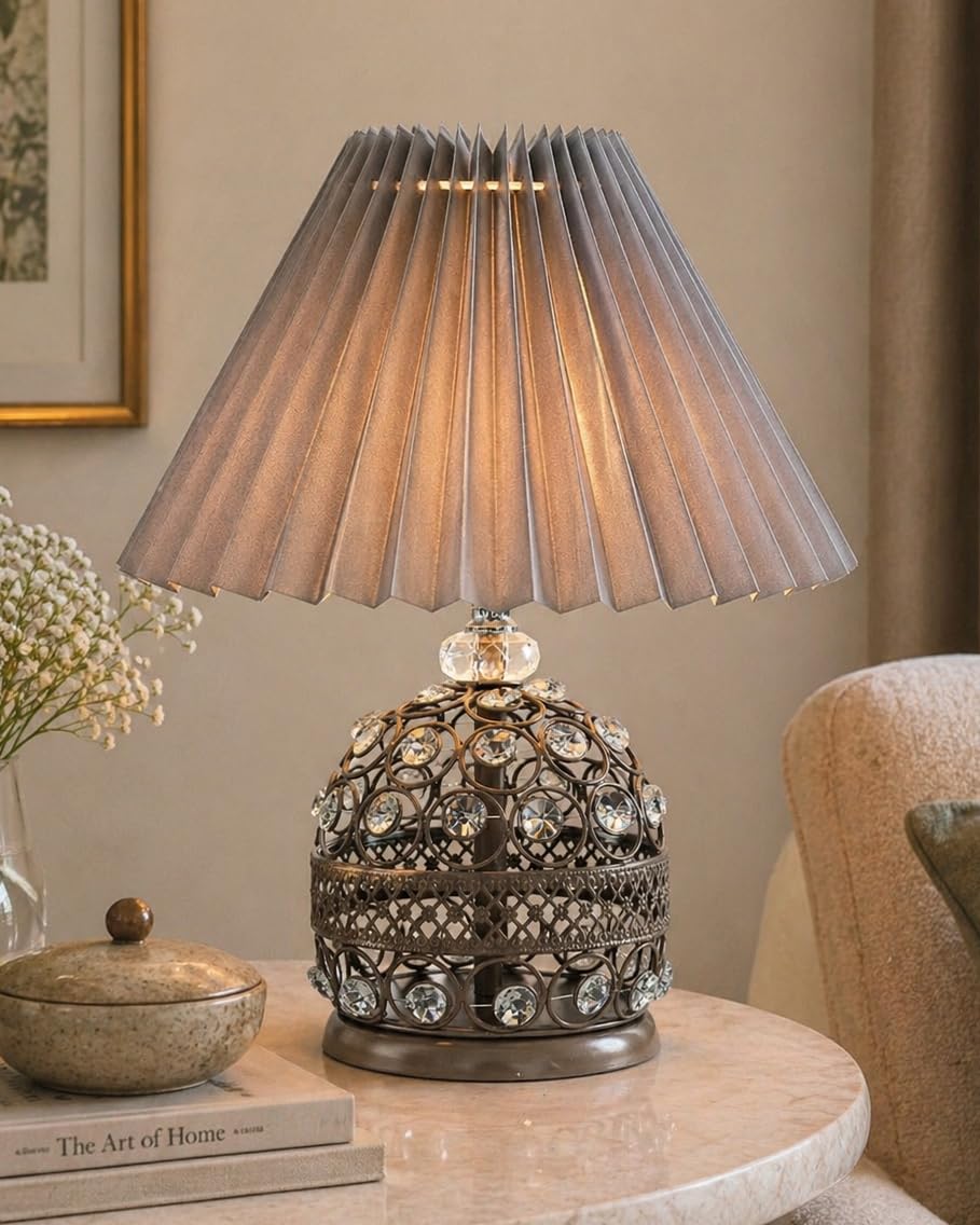 Homesake® Modern Small Crystal Table Lamp, Contemporary Bedroom Bedside Nightstand Lamp Light, Desk Globe Lamp for Living Room Girls Kids Room, Fabric Shade (Grey Pleated)