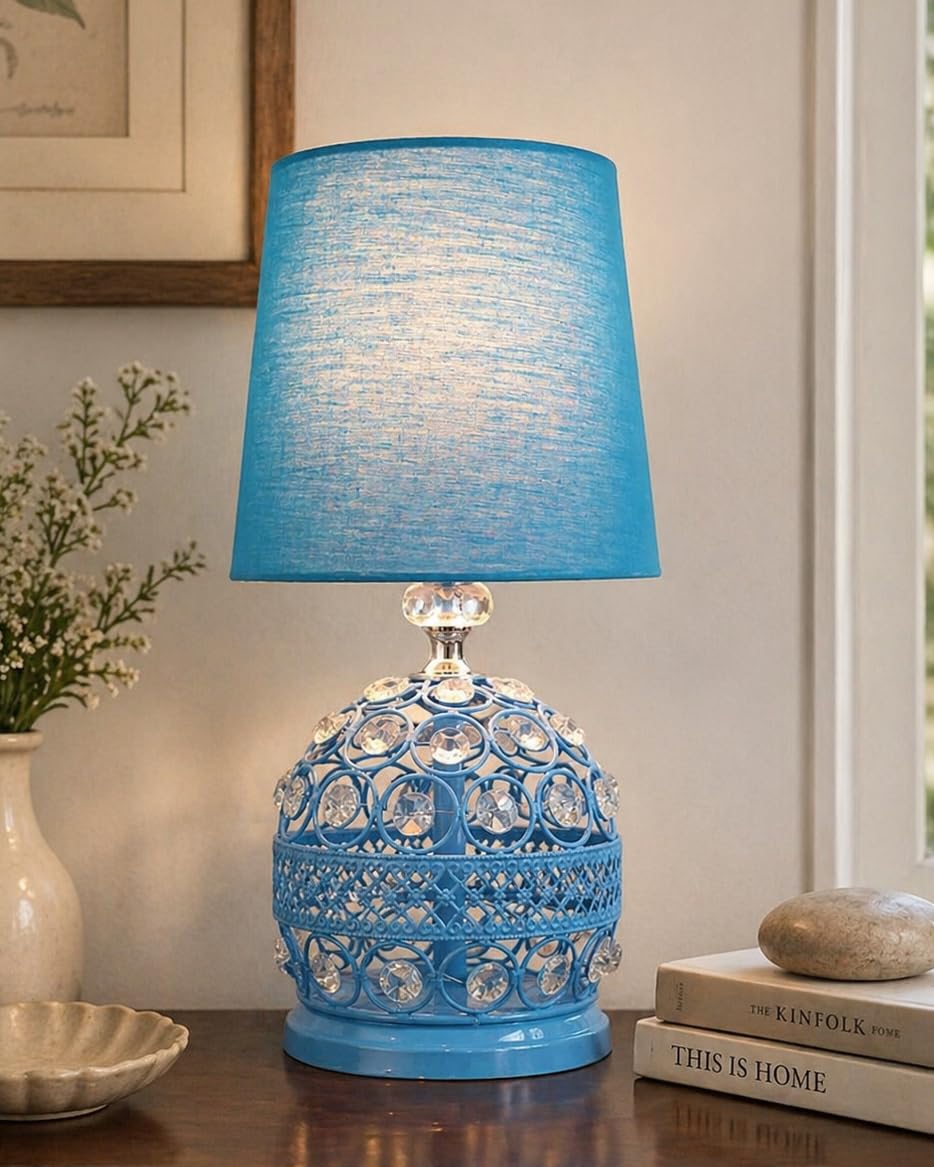Homesake® Modern Small Crystal Table Lamp, Contemporary Bedroom Bedside Nightstand Lamp Light, Desk Globe Lamp for Living Room Girls Kids Room, Fabric Shade (White Pleated)