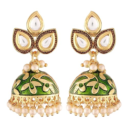 I Jewels 18k Gold Plated Meena Work Pearl Studded Jhumki Earring For Women (E2924)