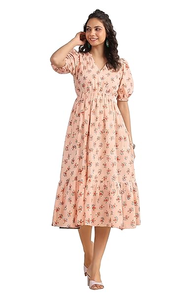 Janasya Women's Cotton Floral Printed Gathered Dress