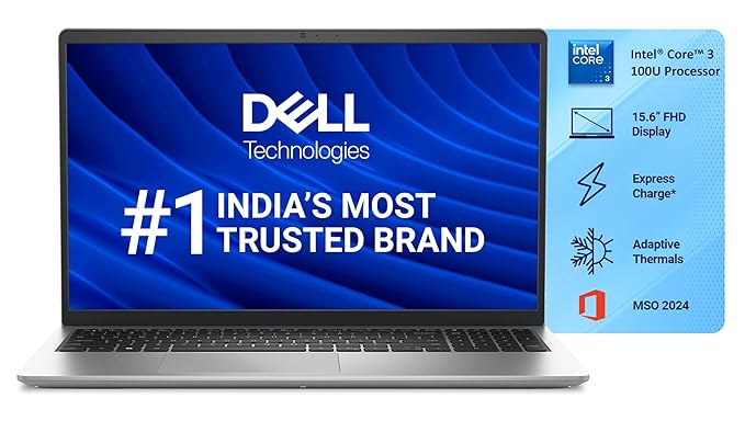 Dell 15 (Previously Inspiron) Laptop, 14th Gen Intel Core i3/Core 3 100U Processor, 8GB, 512GB, Intel UHD Graphics, 15.6" FHD IPS 250nit Display, 12m Mcafee, Win 11 + MSO'24, Platinum Silver, 1.63kg