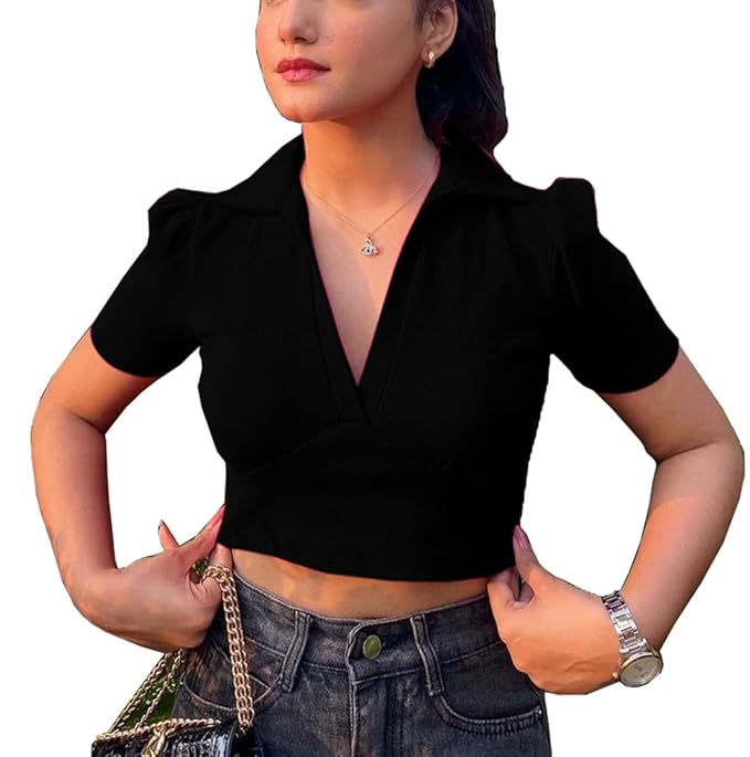 Aahwan Women's & Girls' Solid Basic V Neck Collared Ribbed Slim Fit Crop Top