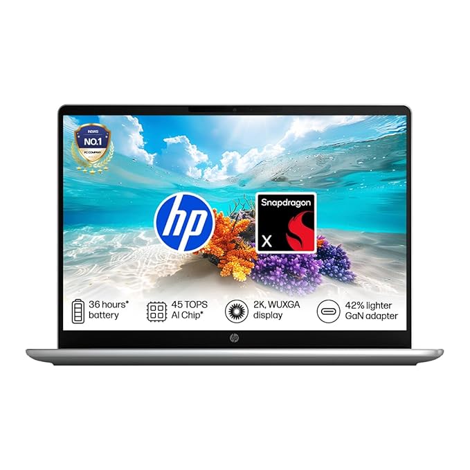 HP Omnibook 3, Snapdragon X Processor, 45 TOPS (16GB LPDDR5x, 512GB SSD) 2K, WUXGA, IPS, 14''/35.6cm, Win 11, Office 24, Silver, 1.4kg, hz0026QU, FHD IR Camera, 42% Lighter mini GaN Charger, AI Laptop