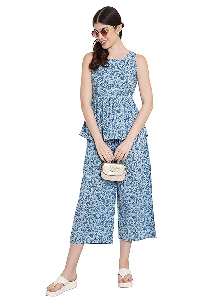 COTLAND Fashions Jaipuri Cotton Printed Sleeveless Peplum Top with Pants Co-Ord Set for Women