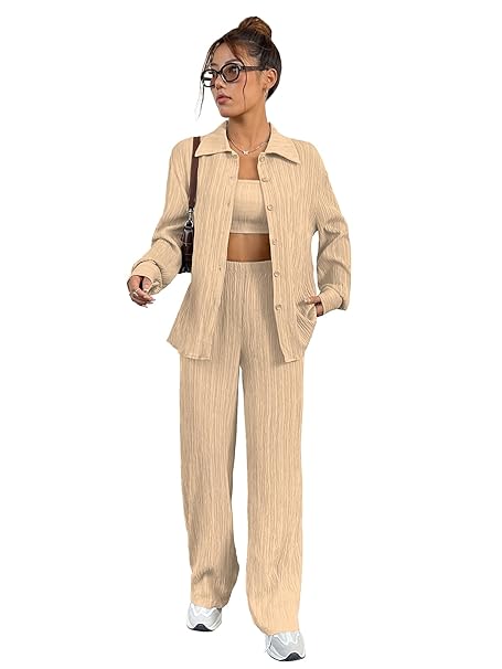 Shasmi Women’s 3-Piece Co-ord Set – Solid Button Front Shirt, Strapless Tube Top & Wide Leg Pants | Casual Loose Fit Western Outfit for Daily Spring/Fall Wear (Co-Ord-208)