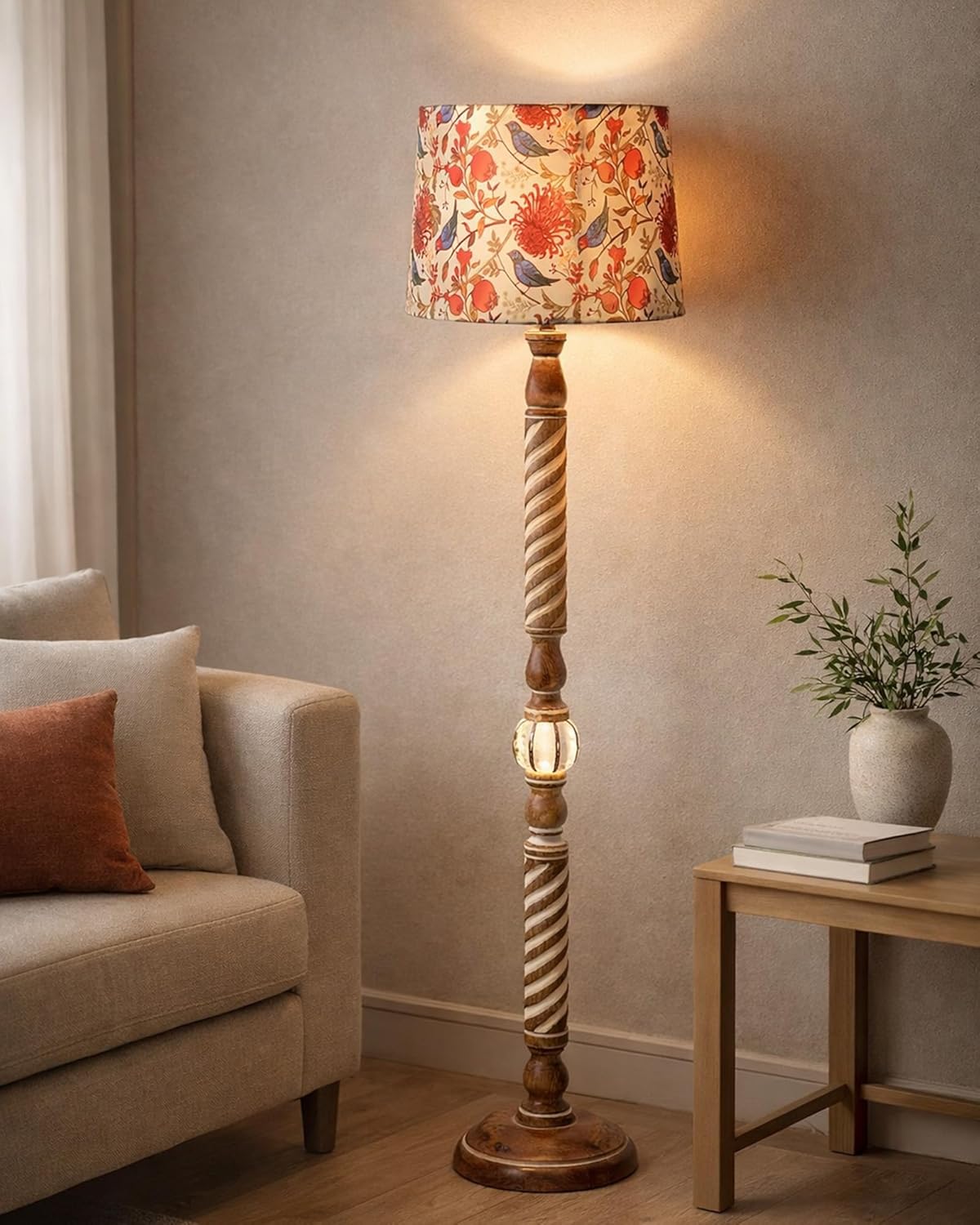 Homesake® Rustic Wood Floor Lamp for Living Room Walnut Brown with Multicolor Fabric Lamp Shade | Light Decoration for Home Corner Lamp for Living Room | Antique Floor Light Twisted Ropes, Bird