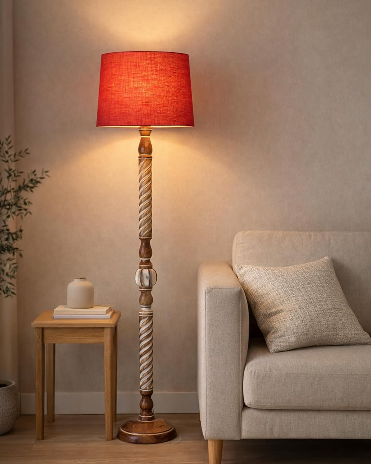 Homesake® Rustic Wood Floor Lamp for Living Room Walnut Brown with Multicolor Fabric Lamp Shade | Light Decoration for Home Corner Lamp for Living Room | Antique Floor Light, Twisted Ropes, Red