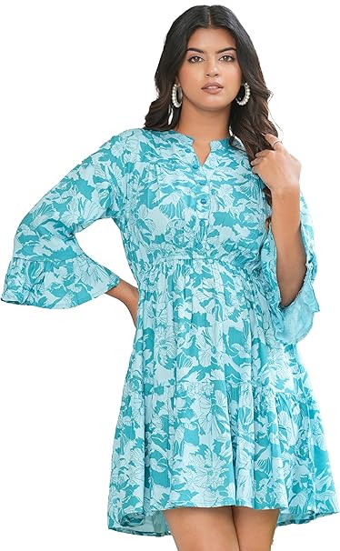 Yash Gallery Women’s Blue Floral Printed Fit and Flare Short Dress with 3/4 Bell Sleeves, Button Front Design, Soft Rayon Fabric, Casual Wear Summer Outfit for Everyday