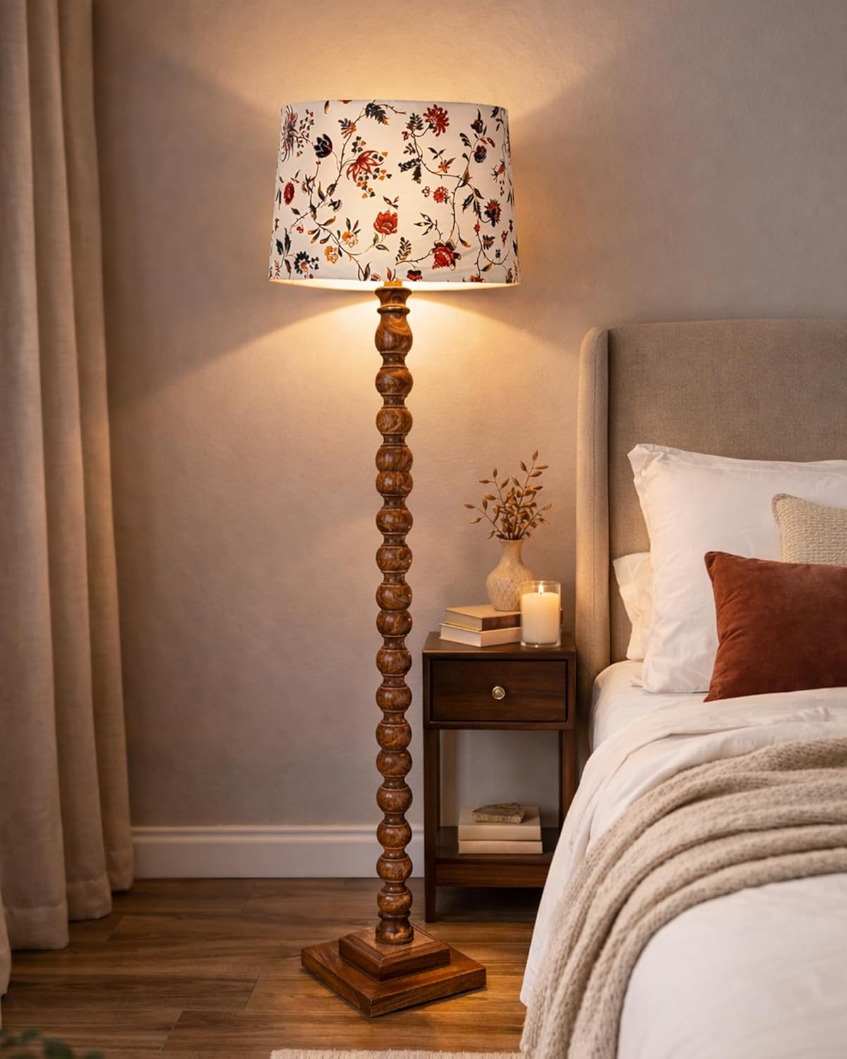 Homesake®Rustic Wood Floor Lamp for Living Room Walnut Brown with Multicolor Fabric Lamp Shade | Light Decoration | Side Lamp for Living Room & Bedroom | Antique Floor Light, Vine and Flowers