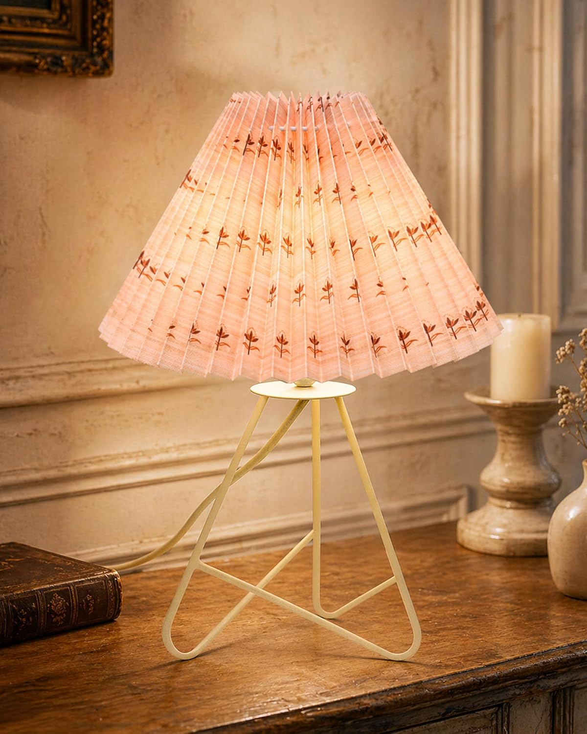 Homesake® Retro Down to the Wire Metal Table Lamp with Fabric Shade, Bedside Lamp Gift Housewarming Home Living Room, Pleated Shade (White)