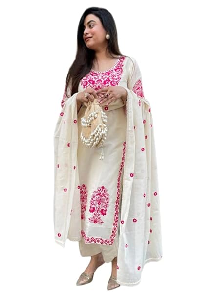GoSriKi Kurta Sets for Women Viscose Embroidered | Kurta Pant Dupatta Set | Straight Kurti Set for Women | Round Neck 3/4 Sleeve Ethnic Suit | Designer Indian Kurti Outfit with Pants