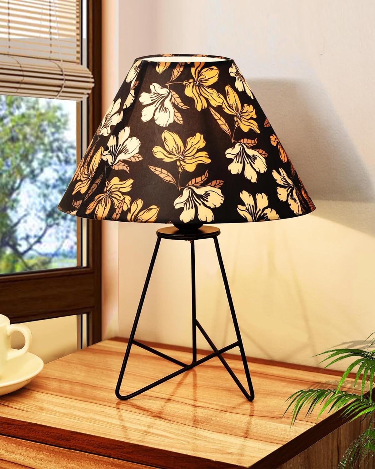 Homesake® Retro Matt Black Down to the Wire Metal Table Lamp with Fabric Shade, Bedside Lamp Gift Housewarming Home Living Room, Shade (Iris Cone)