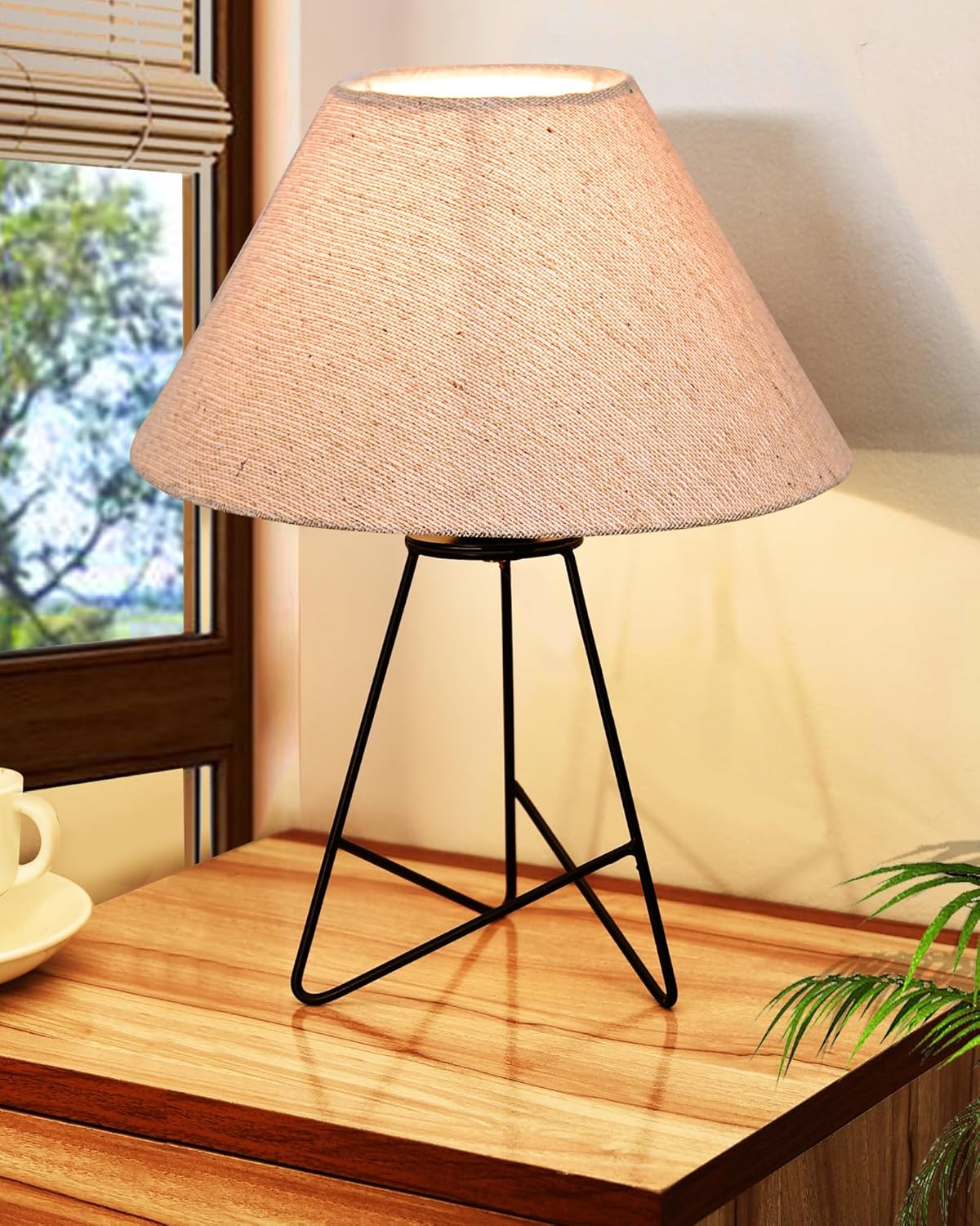 Homesake® Retro Matt Black Down to the Wire Metal Table Lamp with Fabric Shade, Bedside Lamp Gift Housewarming Home Living Room, Shade (Iris Cone)