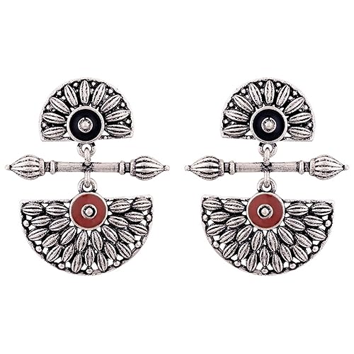 Voylla Brass Silver Oxidised Mandala Design Lightly Embellished Drop Earrings for Women and Girls