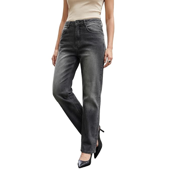 Urbano Fashion Women's High Rise Straight Fit Washed Jeans Non-Stretchable