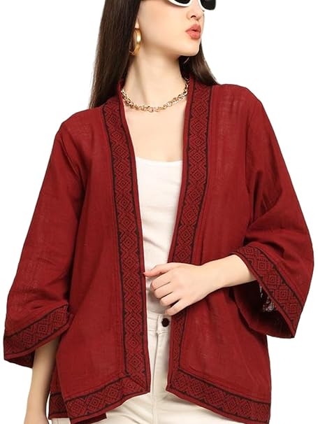 KE KANHA EXPORTS | Shrugs for Women Stylish | White Premium Cotton Open Front Kimono | Boho Border Print Beach Cover Up |Fits Easily S-M-L FREE Scrunchie Included