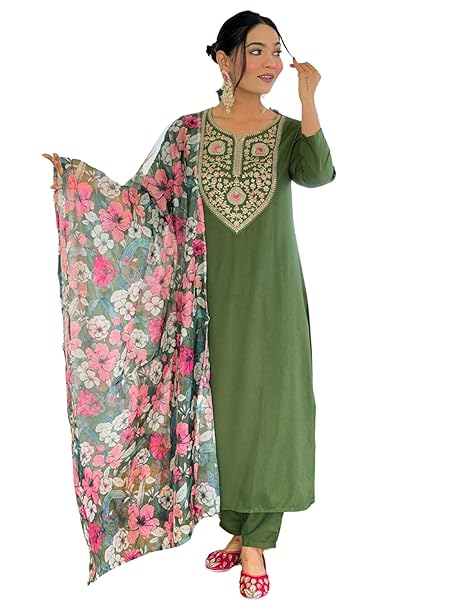 Naixa Women's Rayon Embroidered Straight Kurta with Pant and Dupatta Sets (Available in Plus Size) (NX-696)