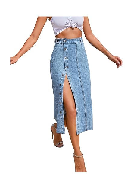 Aahwan Blue Midi Denim Pencil Front Button Side Slit Skirt for Women's & Girl's