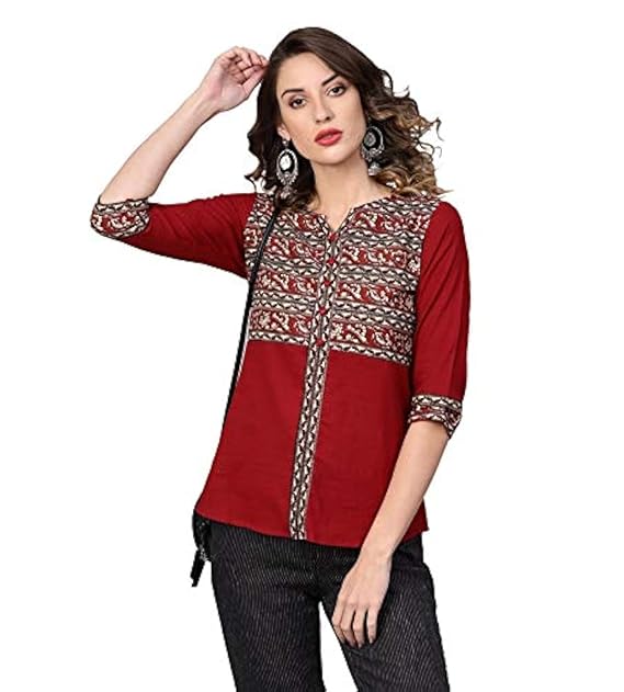 Yash Gallery Women's Cotton Slub Kalmakari Printed Regular Fit Top for Women
