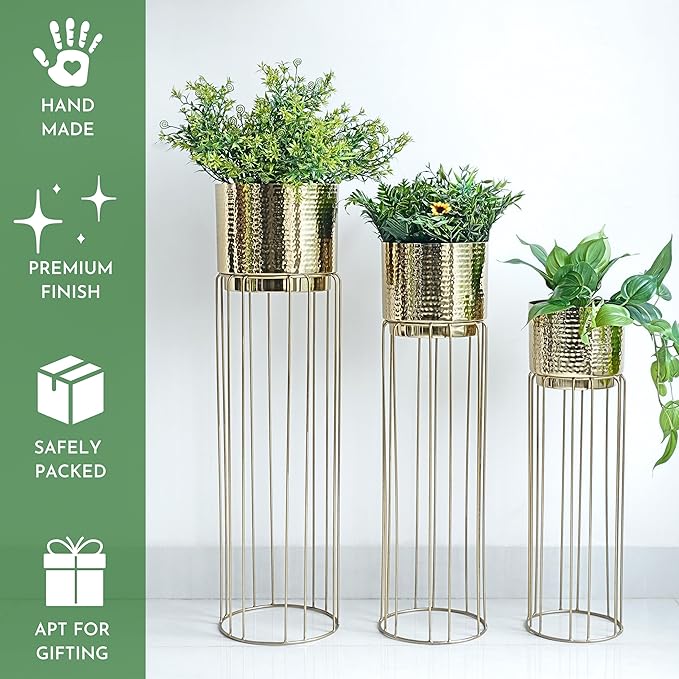 BEHOMA Gold Plated Metal Floor Planters with Stands (Set of 3), Modern Tall Planter for Home Decor, Decorative Plantpot for Living Room Balcony Office, Big Plant Stand with Pots (Plants not Included)