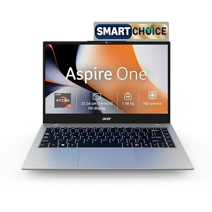Acer Smartchoice Aspire One, AMD Ryzen 3-7320U, 8GB LPDDR5 RAM/ 512GB SSD, 14.0"/35.56cm TN HD Display, Win 11 Home, Pure Silver, 1.48KG, A114-43, Thin and Light Laptop