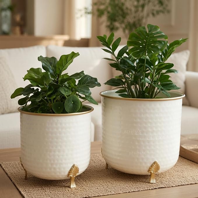 BEHOMA Metal Hammered Leaf Leg Planter Set of 2, White Planter with Golden Trim, Modern Indoor Outdoor Decor Balcony Living Room Office |Table Decoratives Plant Pot for Gifting (Plant not Included)