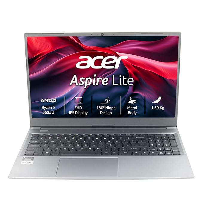 Acer SmartChoice Aspire Lite, AMD Ryzen 5-5625U Processor, 16 GB/512 GB, Full HD, 15.6"/39.62 cm, Windows 11 Home, Steel Gray, 1.59 kg, AL15-41, Metal Body, Thin and Light Laptop