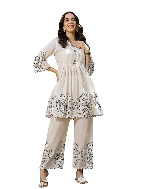 Stylum Women's Floral & Embroidered Cotton Short Kurti Palazzo Set