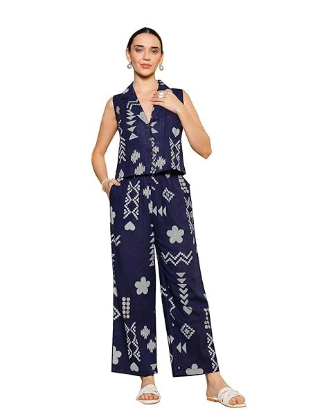 Stylum Women's Geomatric Printed Rayon Slub Short Kurti Pant Set