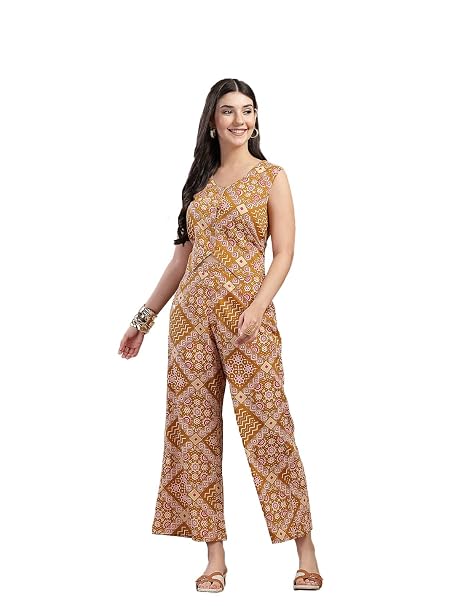 Stylum Women's Mustard Ethnic Printed Cotton Short Kurti Palazzo Set