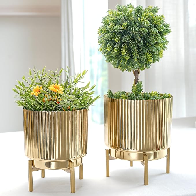 BEHOMA Fluted Metal Indoor Planters with Stands for Table Top and Floor | Living Room Drawing Room Balcony Office Plant Pots | Set of 2 Golden Metal Retro Planters with Stands (Plants not Included)